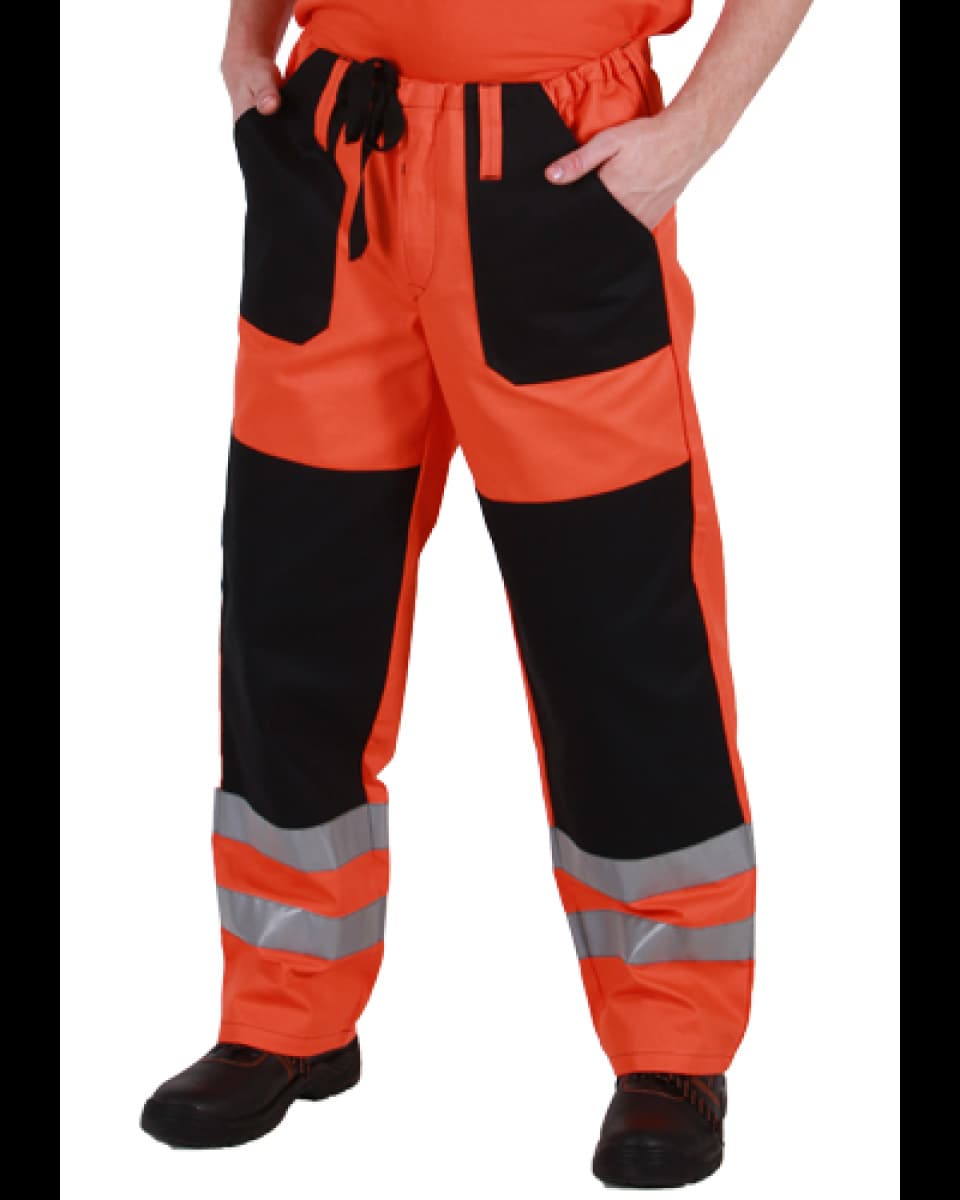 Kalhoty pán. prac. pas, reflex, 0818, dvoj.kolena, na tkanici, BA 245, VS182, oranž./černé
