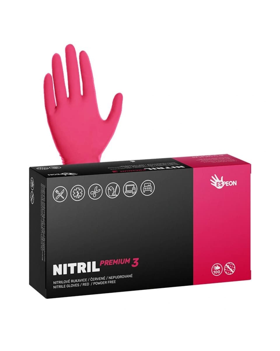 Rukavice nitrilové NITRIL PREMIUM3, nepudrované, 3,8 g, 100 ks, červené - náhled 2